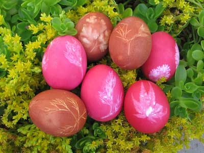 Dyed and decorated Easter eggs.