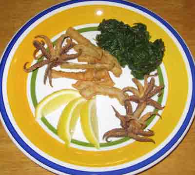 Fried calamari with greens