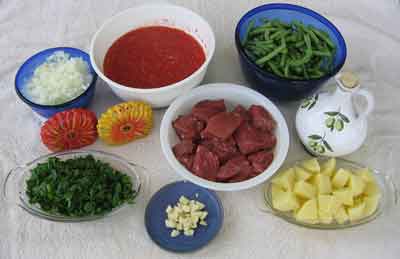 Ingredients for greek food recipe moschari me fasolakia