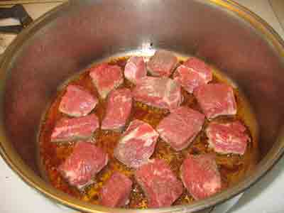 Searing the second batch of stew meat for greek food recipe moschari me fasolakia, beef with green beans