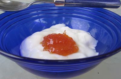 Quince spoon sweet greek recipe for kydoni glyko served  on yogurt